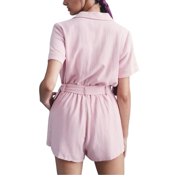 Lost + Wander Anthropologie Majorca Linen Blend Pink Short Sleeve Romper SMALL - Picture 2 of 10